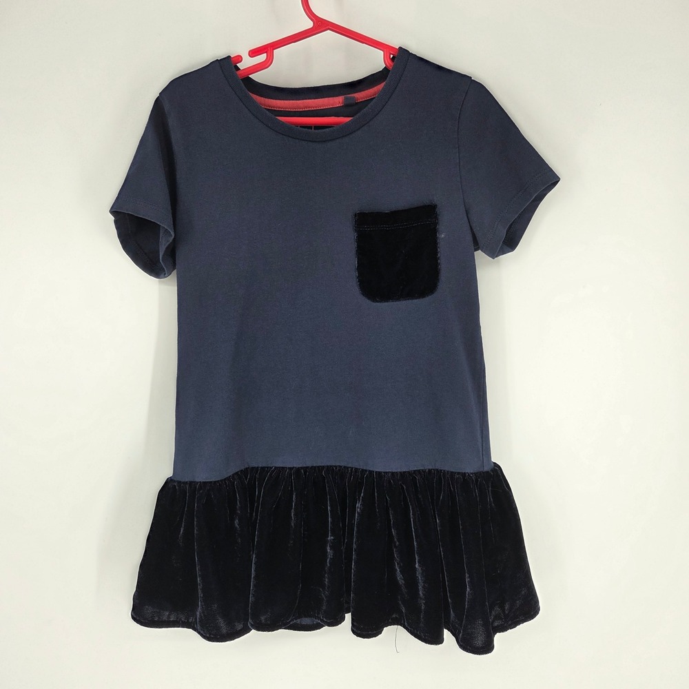 Boden Kids Navy Blue Short Sleeve T-Shirt Dress Velvet Pocket Ruffle Hem 9-10Y